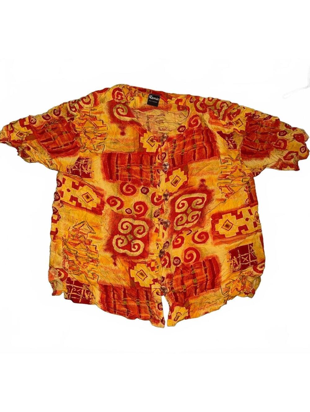 Vintage Women's Ramin Loose Fit Hawaiian Shirt With Aztec Detail Size L/XL